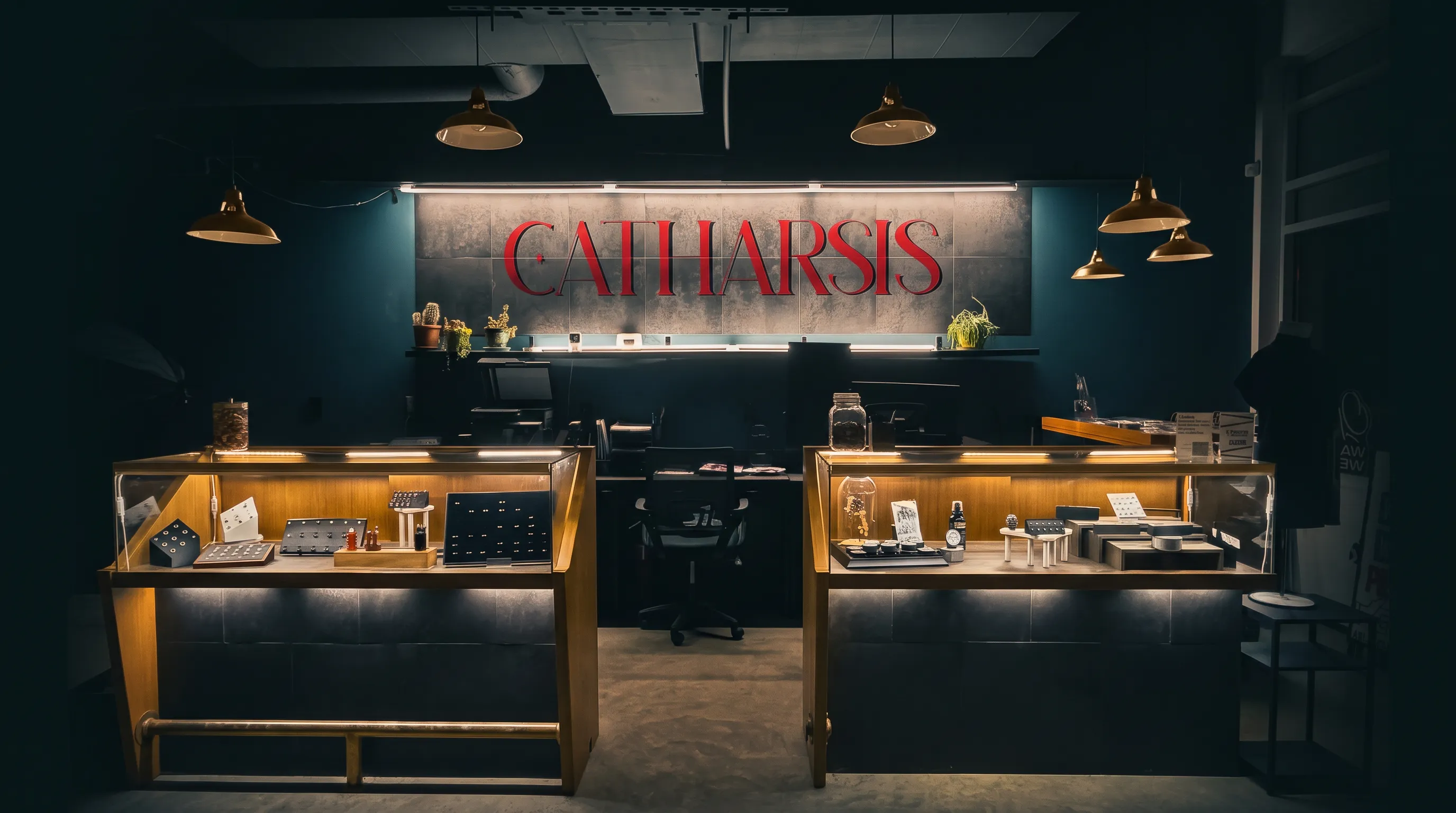 The front desk at Catharsis Body Art in Brownsburg, Indiana, with the studio name on the wall behind it